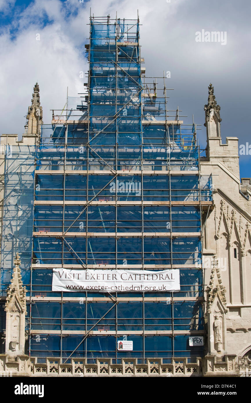 Scaffolding on west front of Exeter Cathedral Exeter Devon England UK