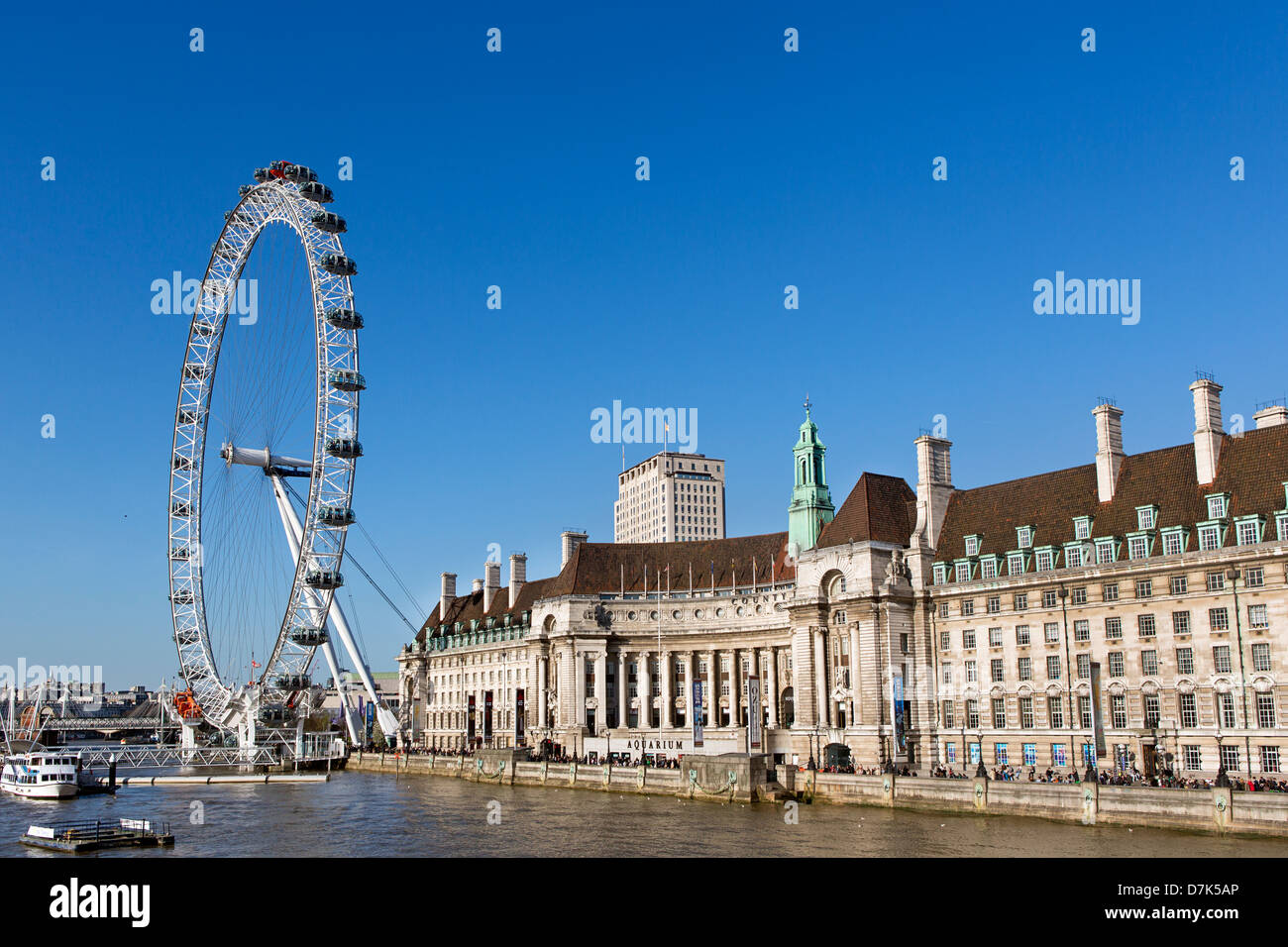The London Eye and the London County Hall building. Stock Photo