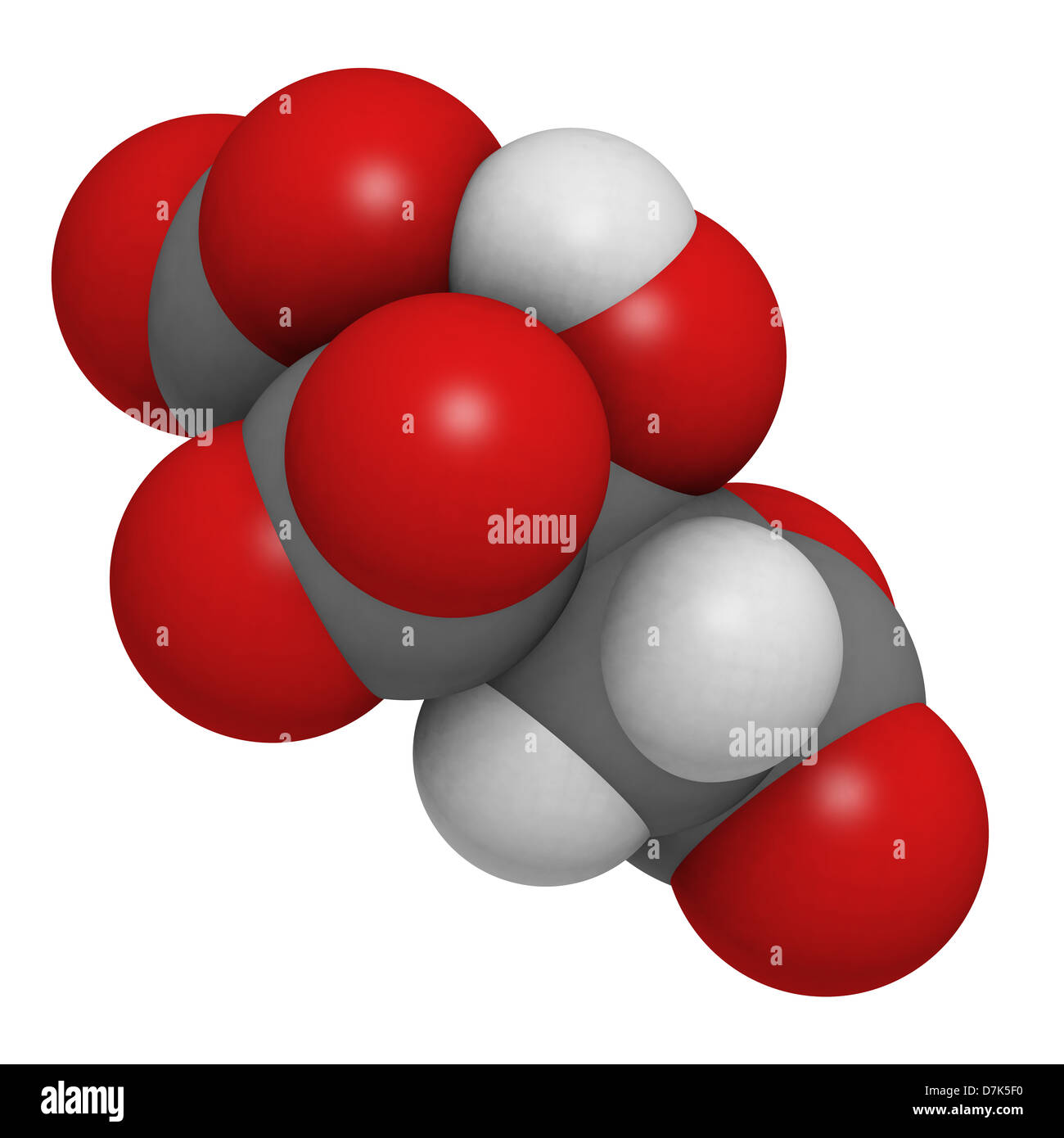 Citric acid, molecular model. Atoms are represented as spheres with