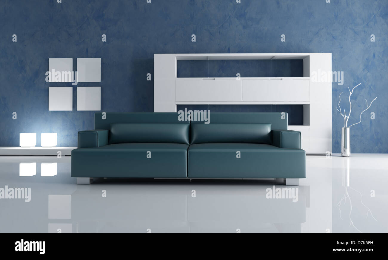 Contemporary Living Room With Navy Blue Couch And White Empty