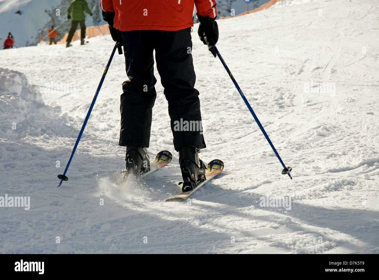 Oberstdorf, Germany, Detail shot of skiers in the ski resort Fellhornbahn Stock Photo