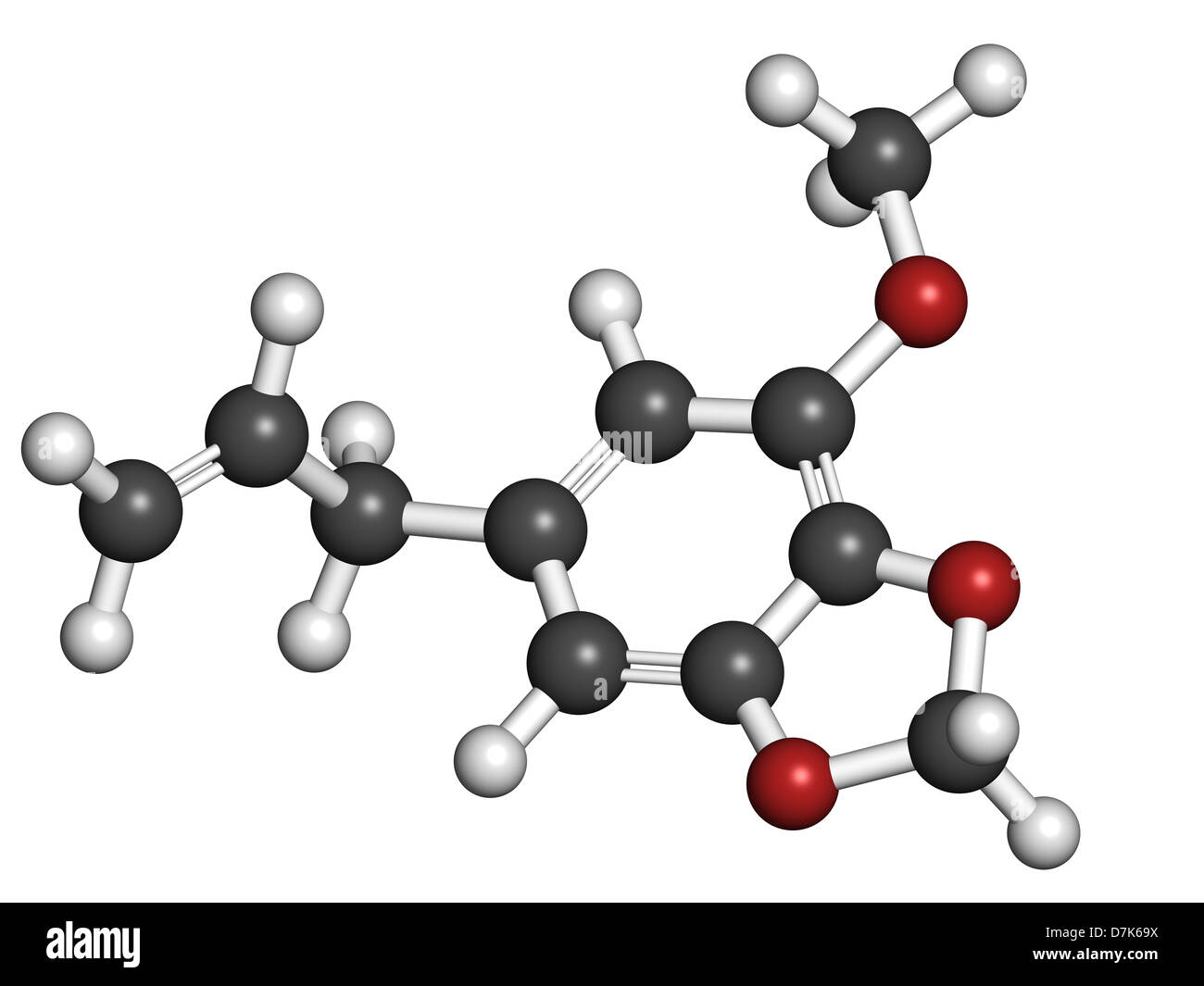myristicin nutmeg psychoactive component, molecular model. Atoms are