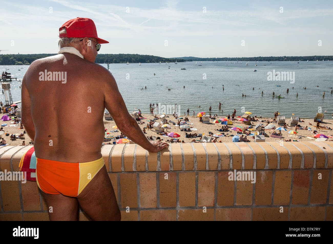 Berlin, Germany, visitor looks from the sun deck of the Wannsee lido on the beach Stock Photo