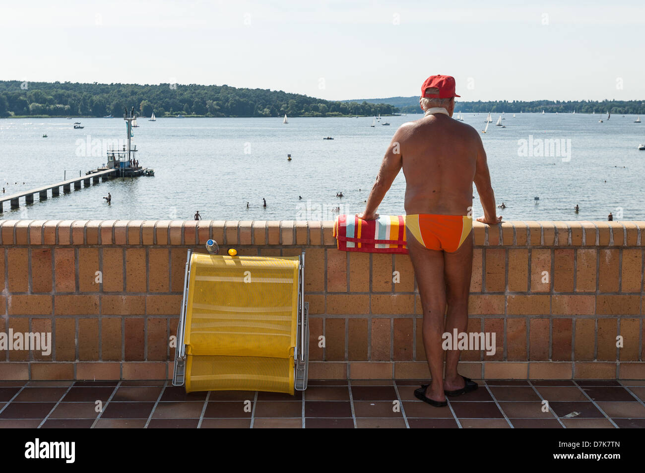 Berlin, Germany, visitor looks from the sun deck of the Wannsee lido on the beach Stock Photo