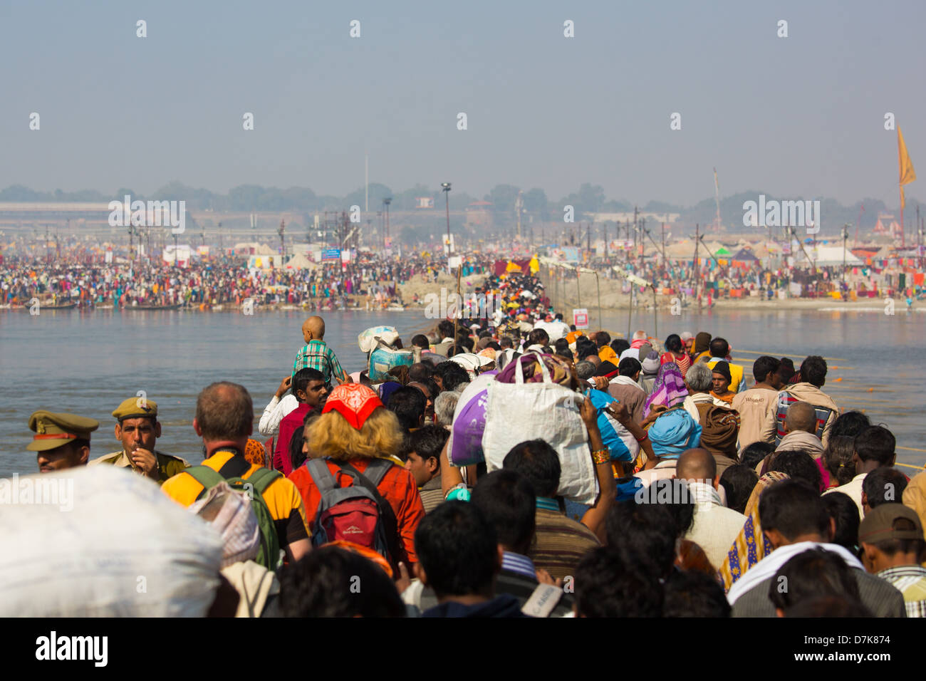 One-way bridges are put in place to help prevent stampedes, Kumbh Mela, Allahabad, India Stock Photo