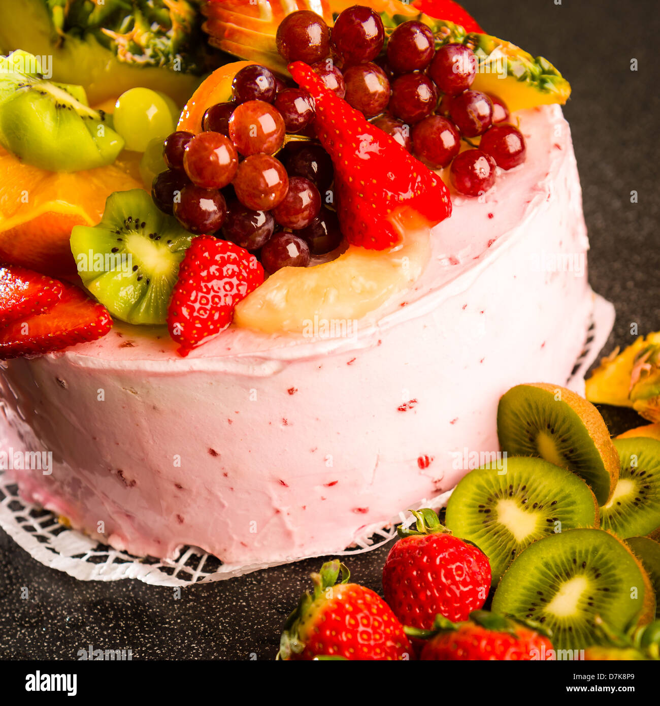 Fruit cake with cream coating and fresh fruits topping Stock Photo Alamy