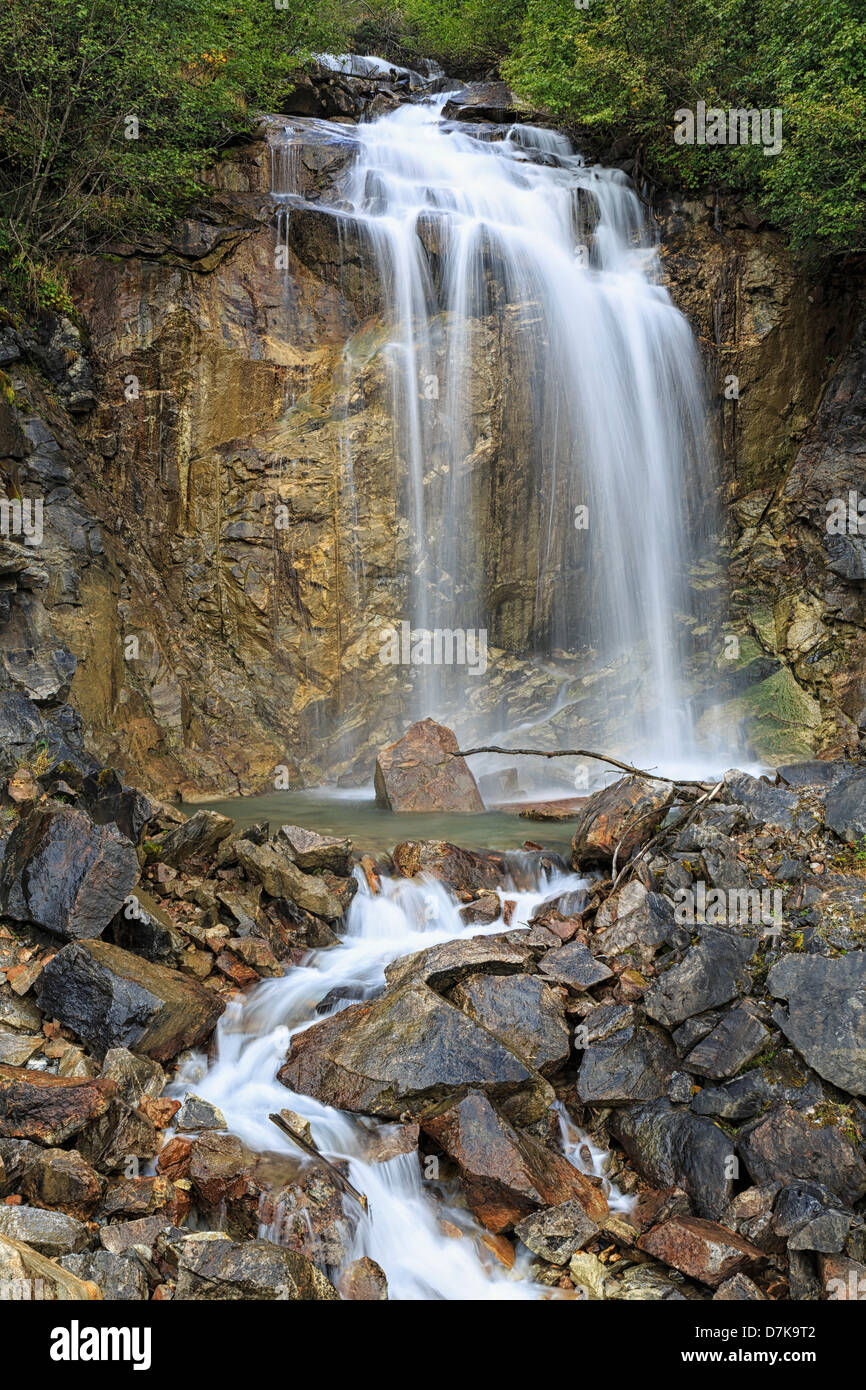 USA, Alaska, View of Pitchfork Falls at Klondike Highway Stock Photo