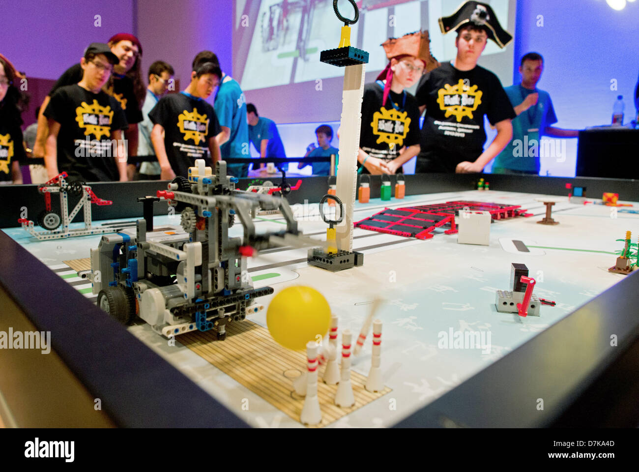 Paderborn, Germany, 09 May 2013.Members of the US team Battle Bots looka at  their robot at the Open European First Lego League in Paderborn, Germany,  09 May 2013. 53 teams from 35