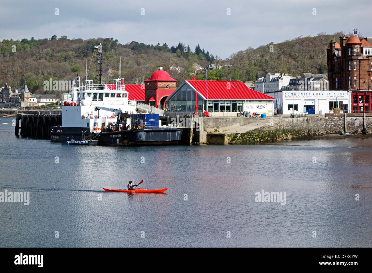 Diving platform vesses SD Moorhen moored at the North Pier in Oban Harbour Oban Scotland with kayak front Stock Photo
