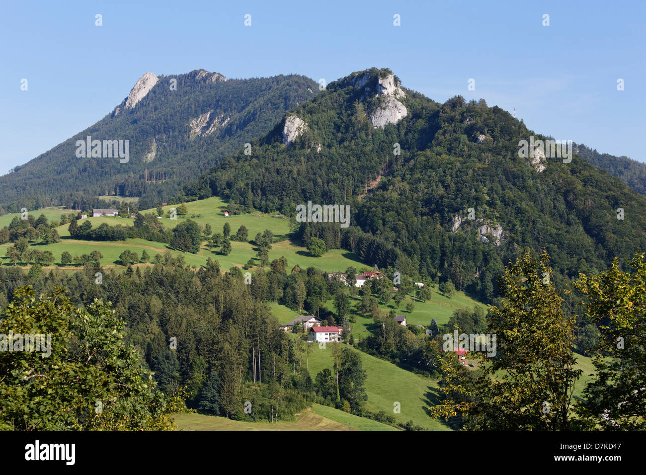 Austria, Upper Austria, View of Schieferstein and Pfenningstein mountain Stock Photo