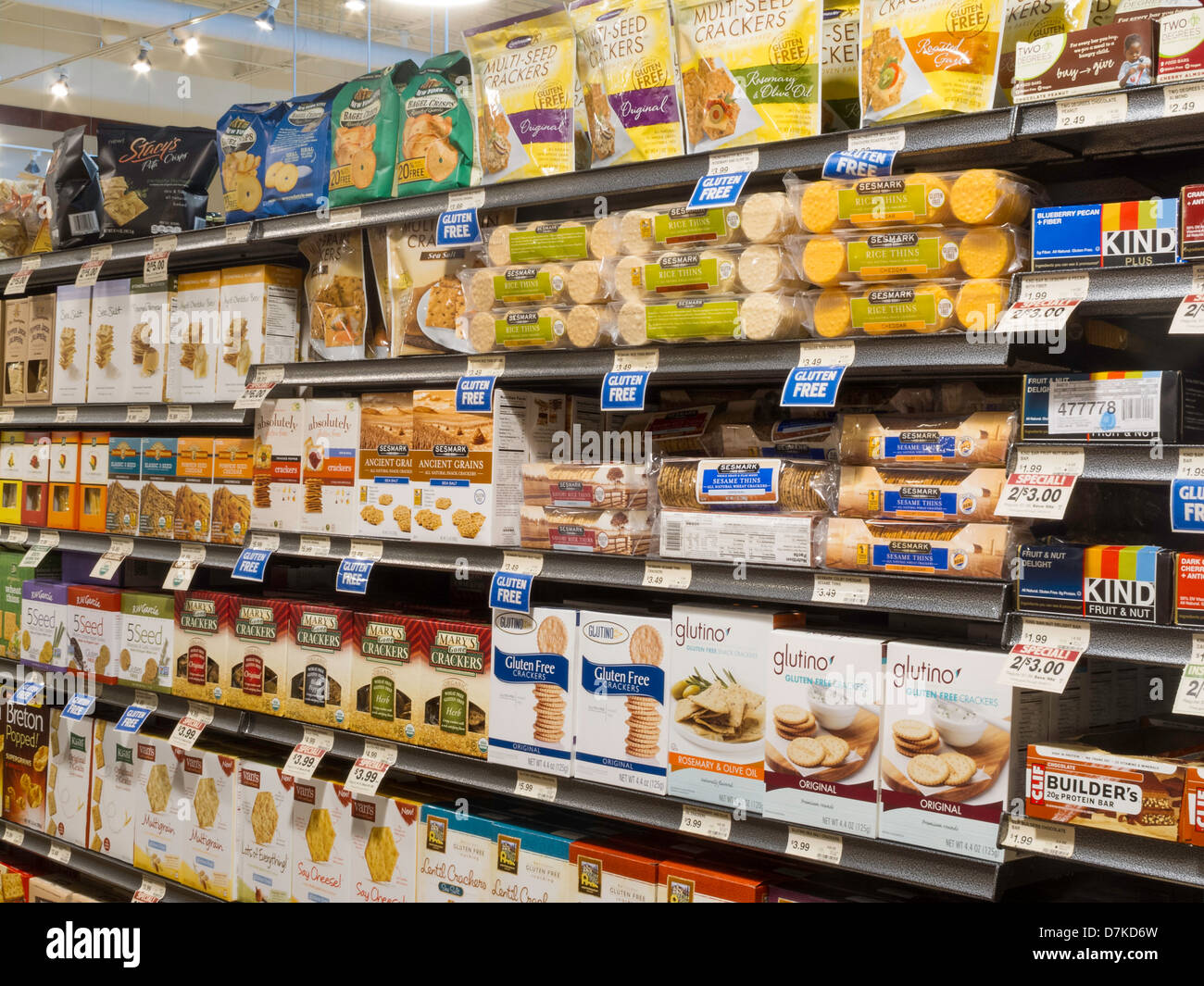 The Gluten Free Aisle in The Fresh Market Grocery Store in South Carolina, USA Stock Photo