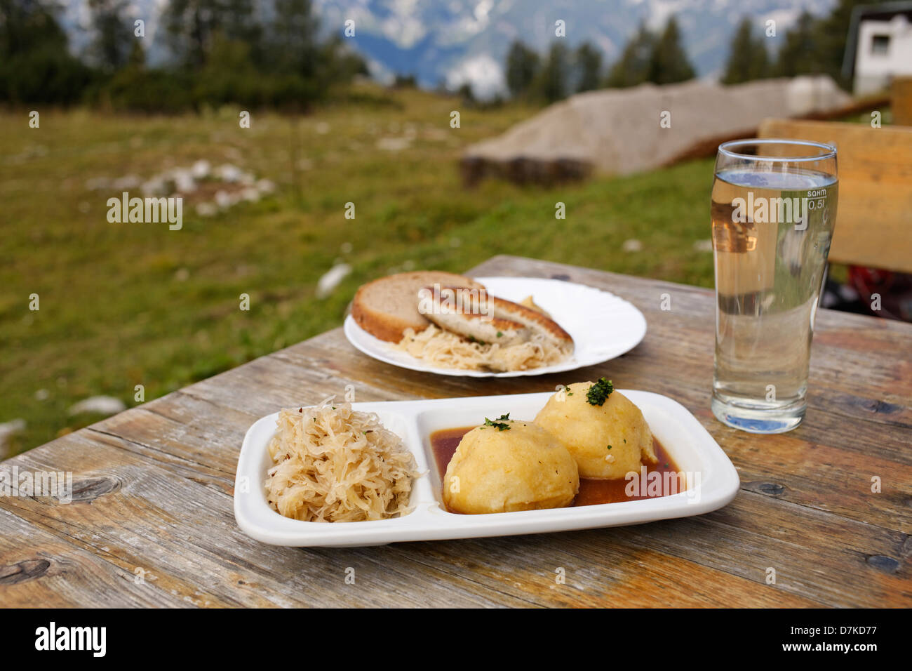 Austria, Upper Austria, Dumpling with sauerkraut and sausage Stock Photo