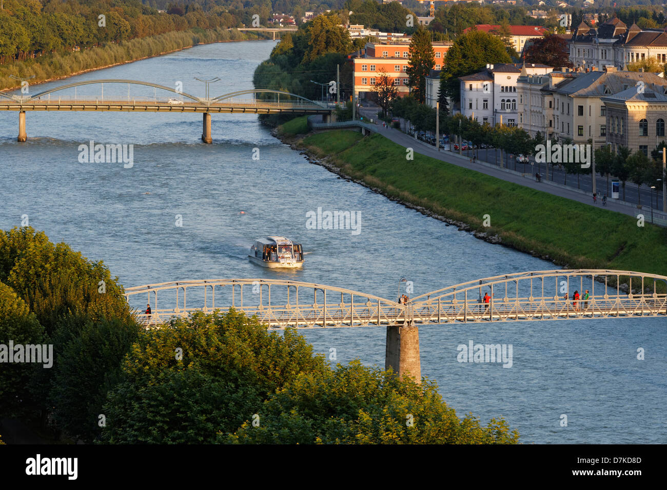 Austria, Salzburg, View of Salzach River, Mozartsteg Bridge and Karolinenbrucke Bridge Stock Photo