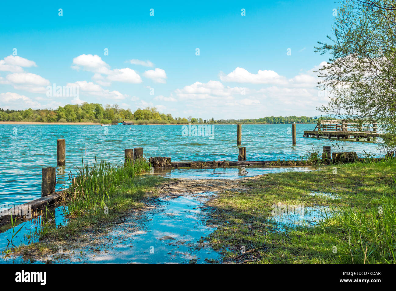 Flooded shore of Chiemsee, Germany, in bright sun with blue sky and white clouds Stock Photo