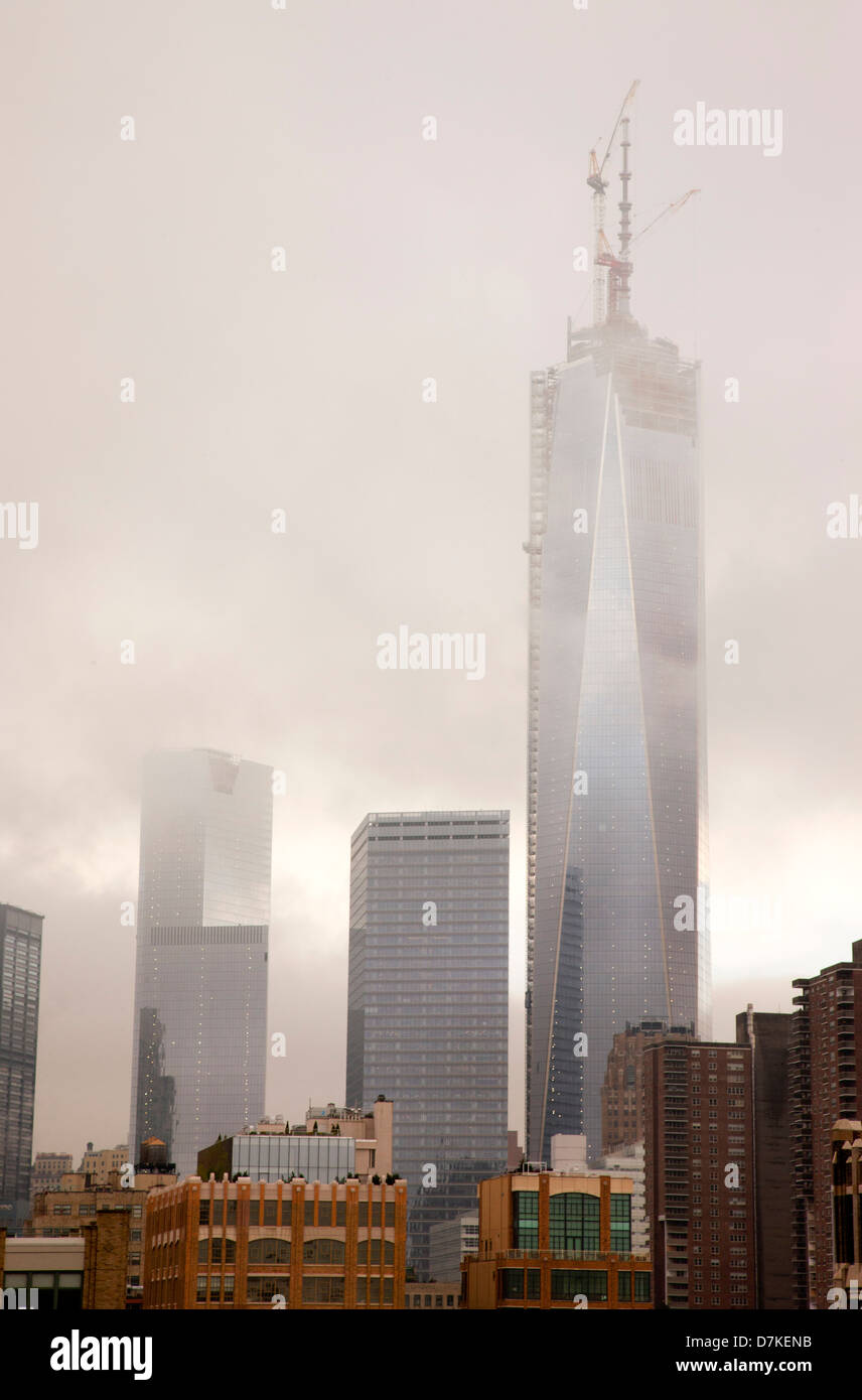 World Trade Center, WTC, New York City, NY USA in clouds.  Nearing the completion of construction. Stock Photo