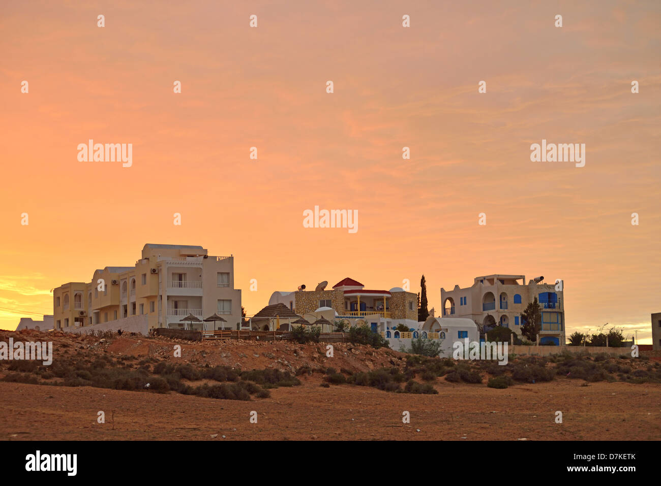 Villas at Dawn, Zarzis, Tunisia. Stock Photo