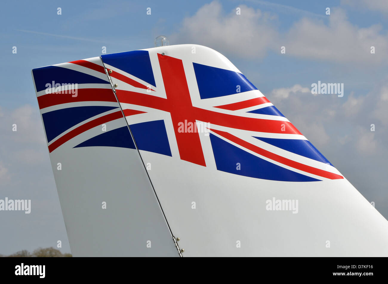 Union jack or Union flag of great Britain on the tail fin of a light aircraft, a Europa Classic British kitplane. Stock Photo