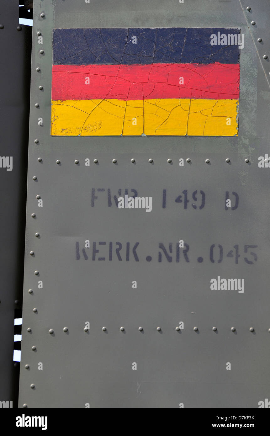 German flag on tail fin of a Focke-Wulf FWP-149D training aircraft. Stock Photo