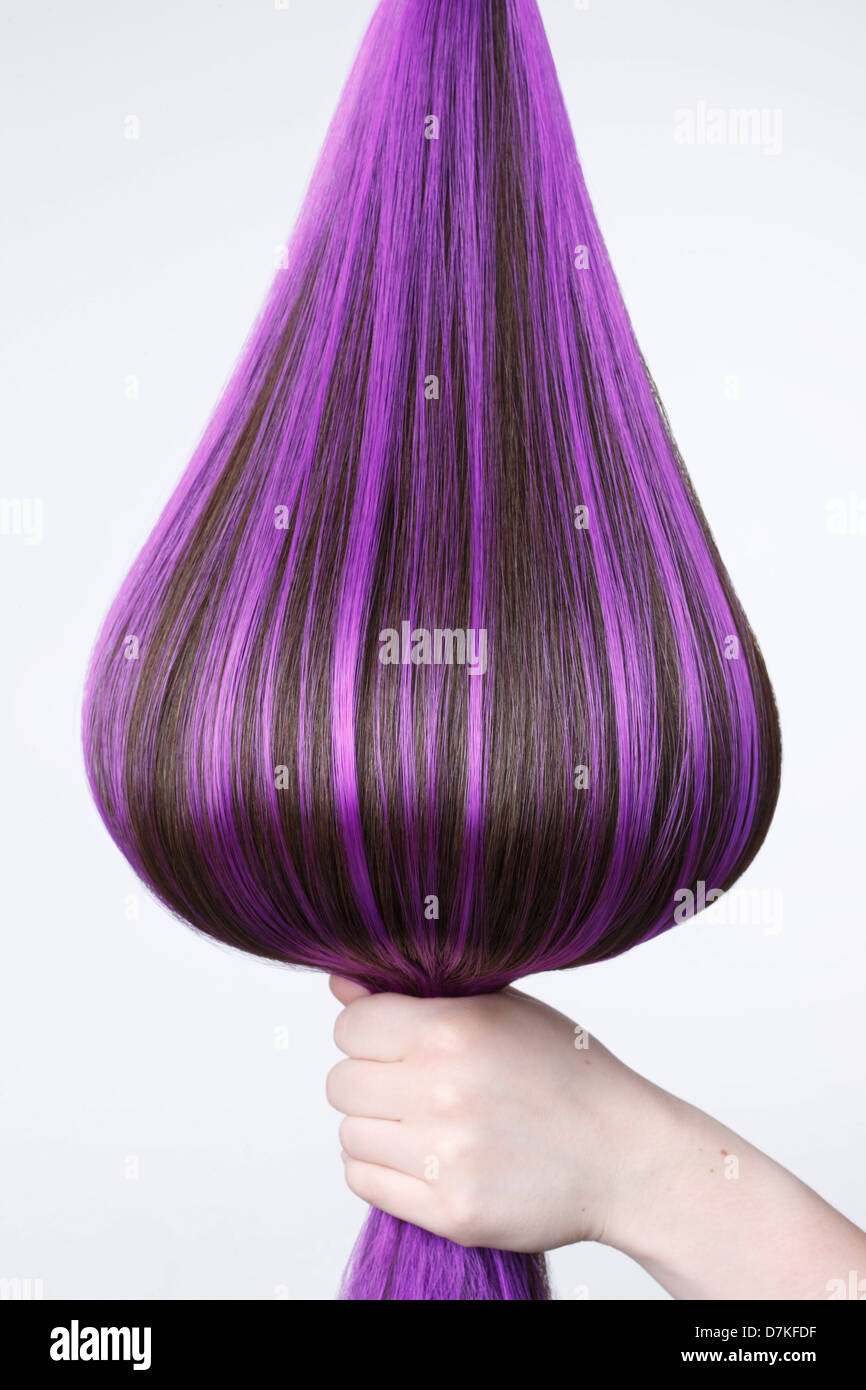Human hand holding brown hair with purple highlights against white background, close up Stock Photo