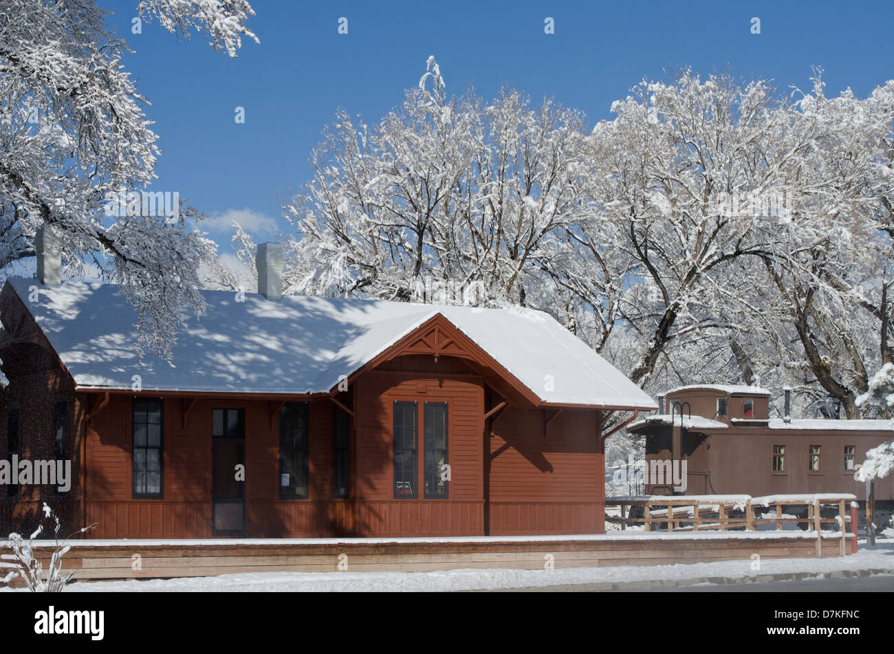The old Colorado Midland Railroad Depot in Buena Vista, Colorado has been renovated, along with the caboose. Stock Photo
