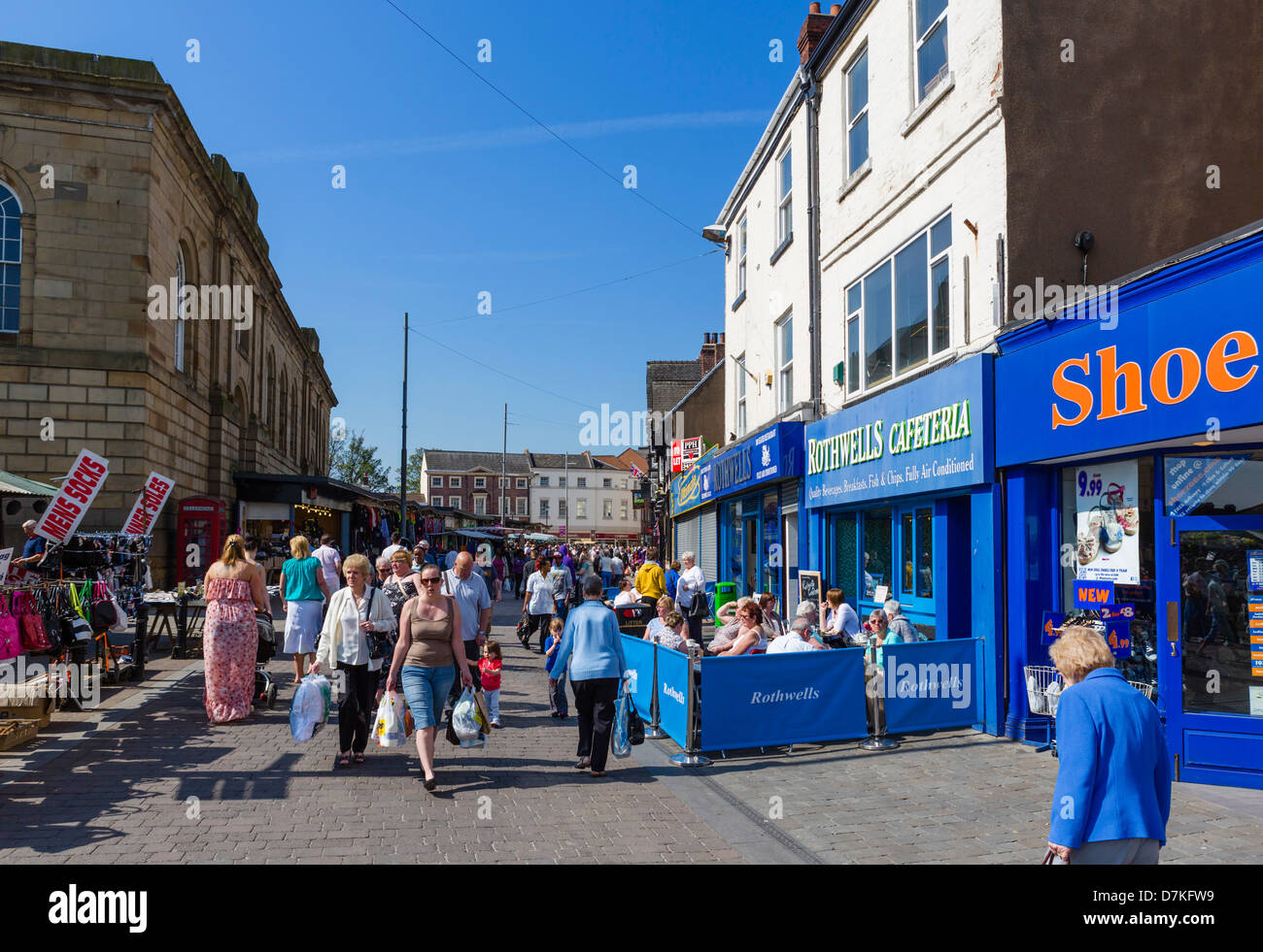 Cafe, shops and market stalls on the Market Place, Doncaster, South Yorkshire, England, UK Stock Photo