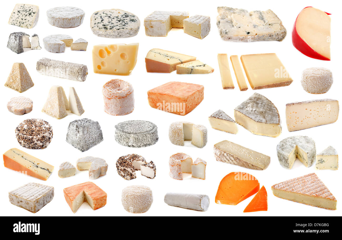composition of various cheeses in front of white background Stock Photo