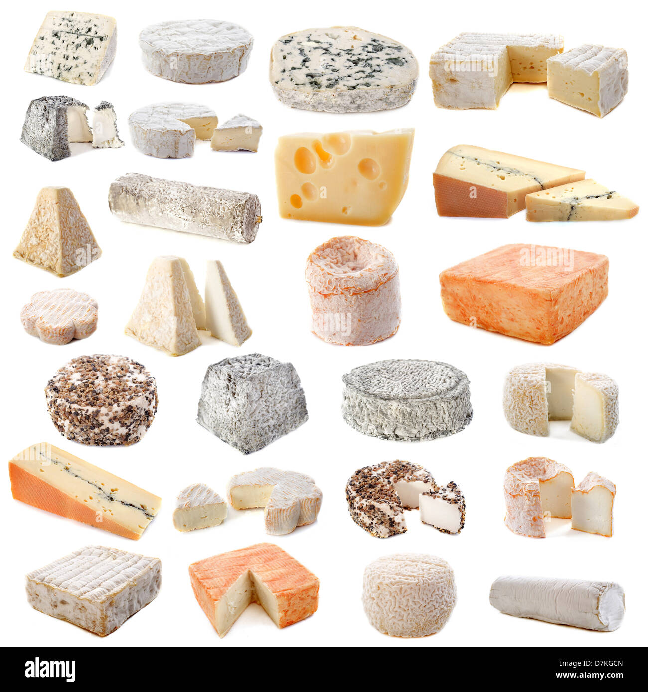 composition of various cheeses in front of white background Stock Photo