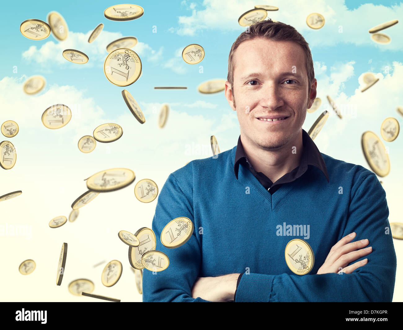 Euro Coins Raining man crossed arms and euro coin rain Stock Photo - Alamy
