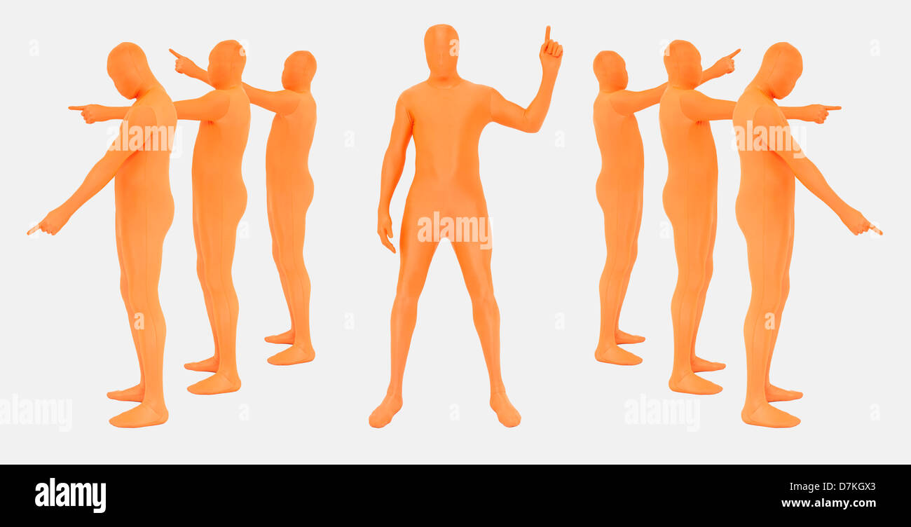 Men in orange zentai pointing Stock Photo