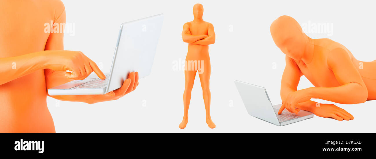 Men in orange zentai using laptop Stock Photo
