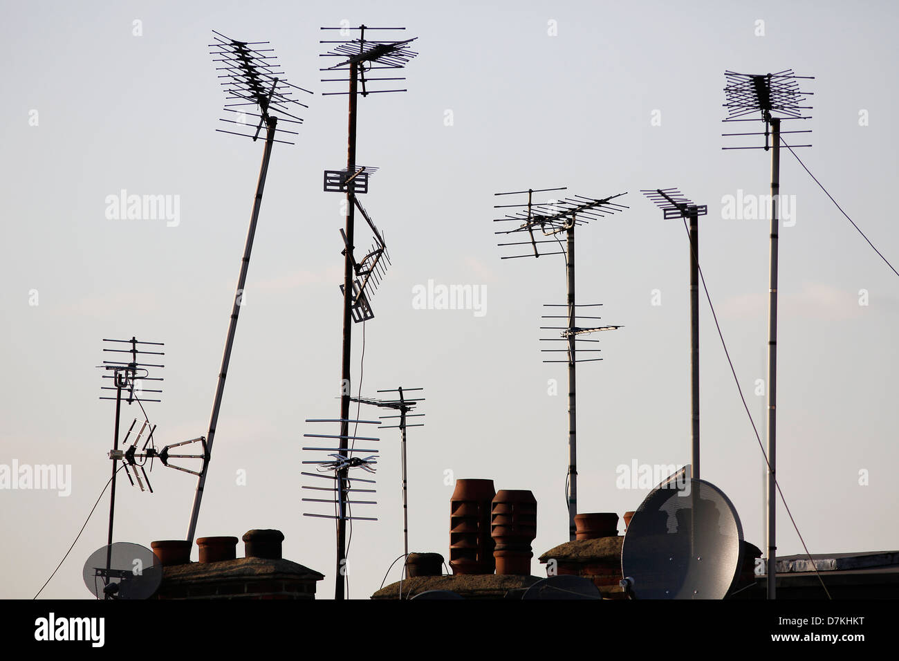 Television aerials on the roof of a block of flats Stock Photo Alamy