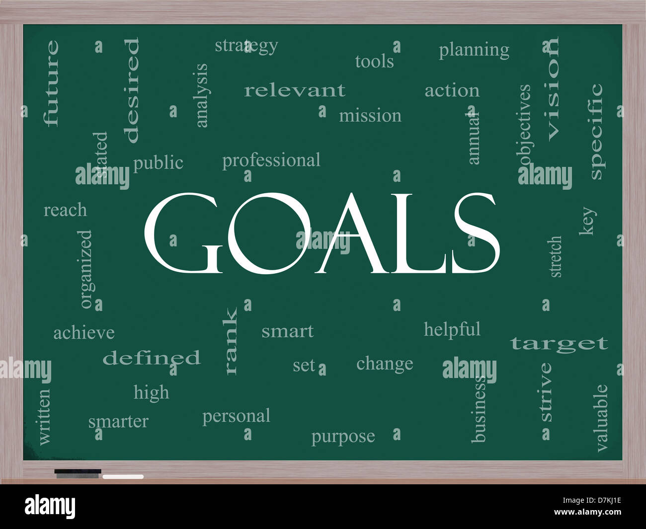 Goals Word Cloud Concept on a Blackboard with great terms such as planning, missions, smart, set, high and more. Stock Photo