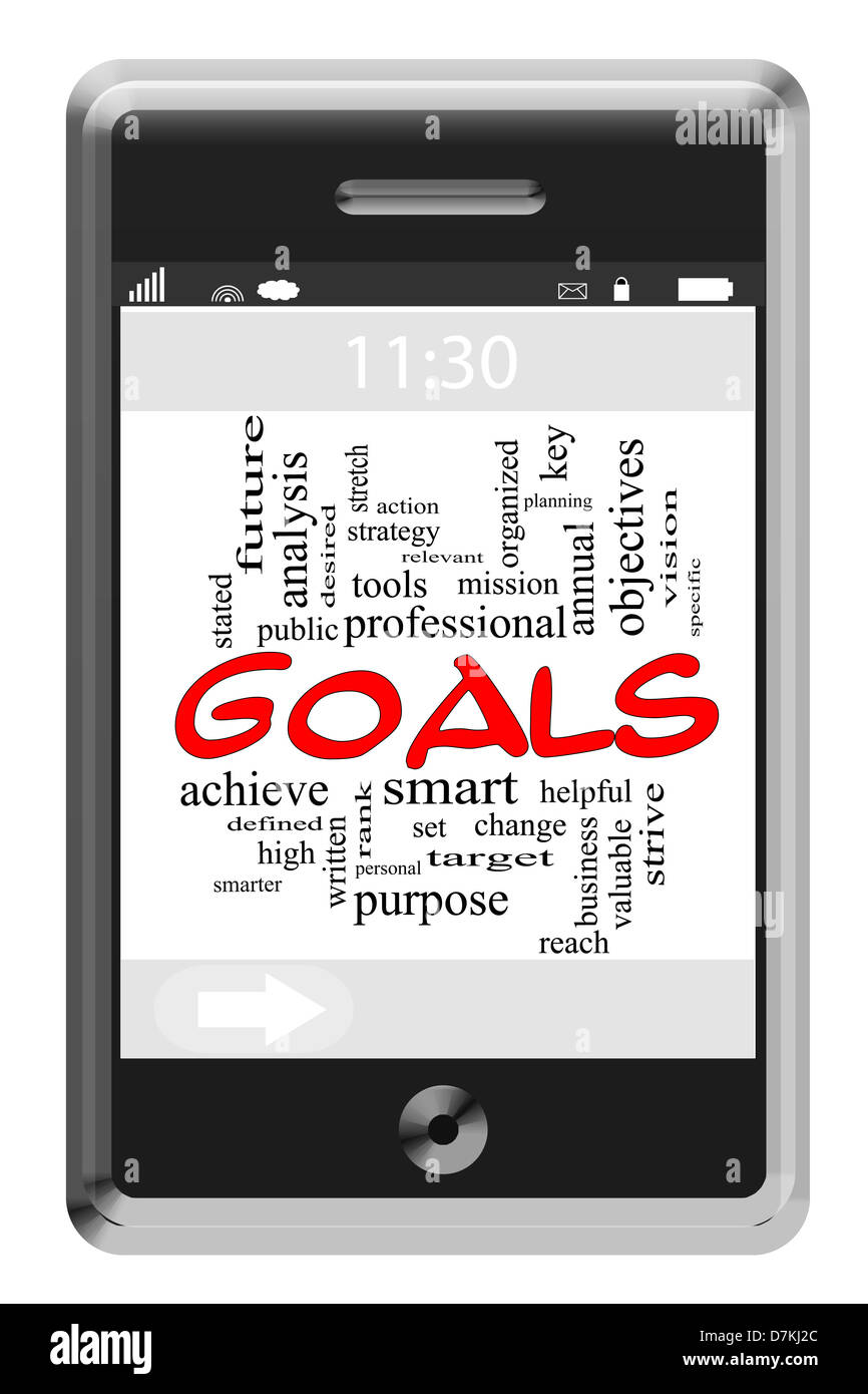 Goals Word Cloud Concept of Touchscreen Phone with great terms such as smart, smarter, set, change, high and more. Stock Photo