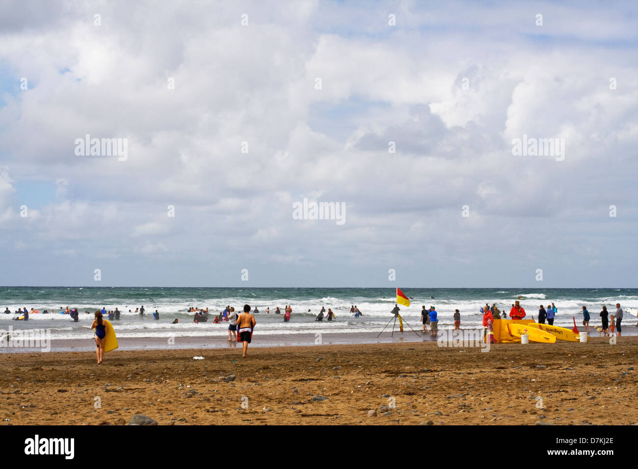 A blustery day on Perranporth Beach, Cornwall, UK Stock Photo