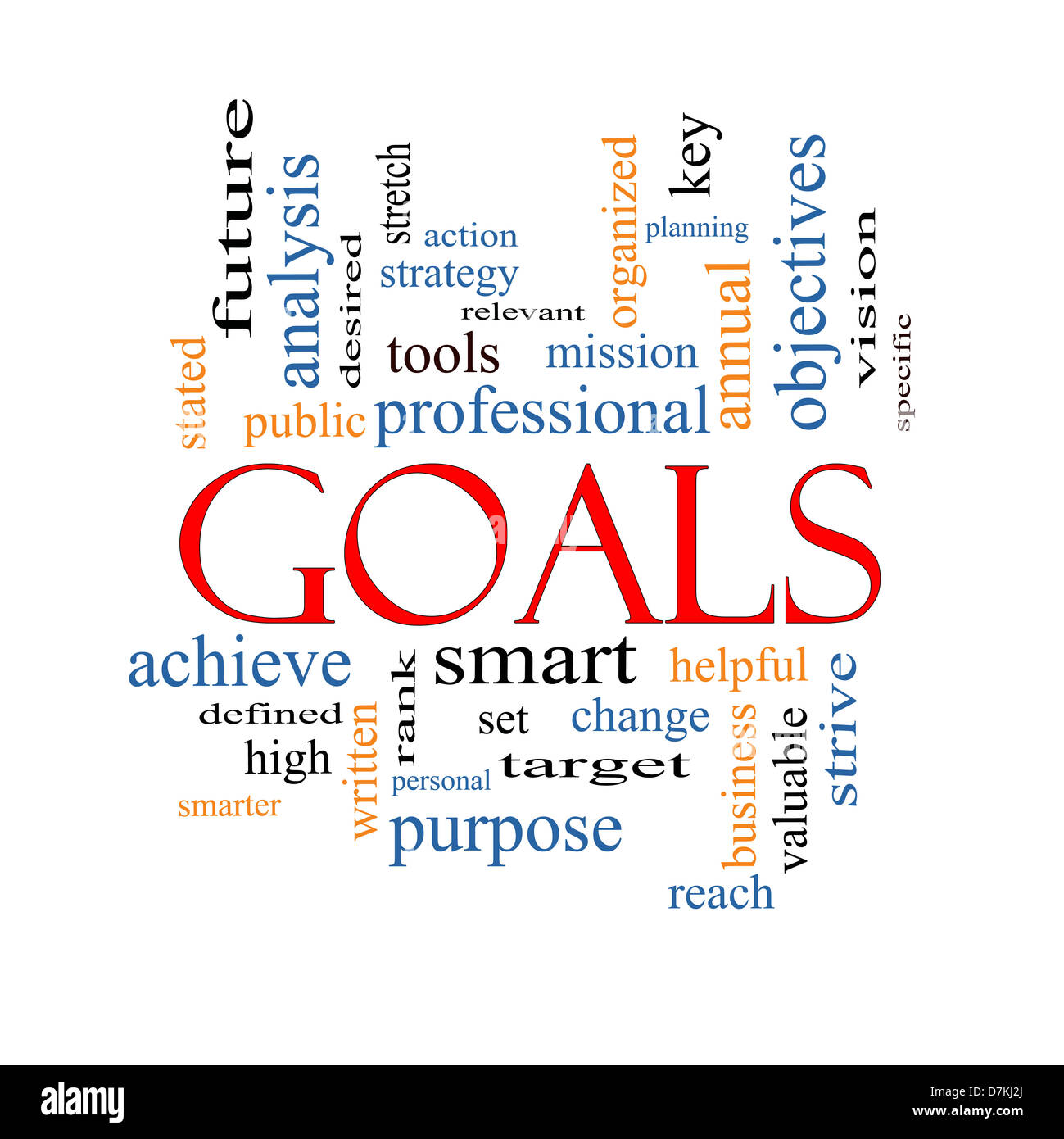 Goals Word Cloud Concept with great terms such as planning, missions, smart, set, high and more. Stock Photo