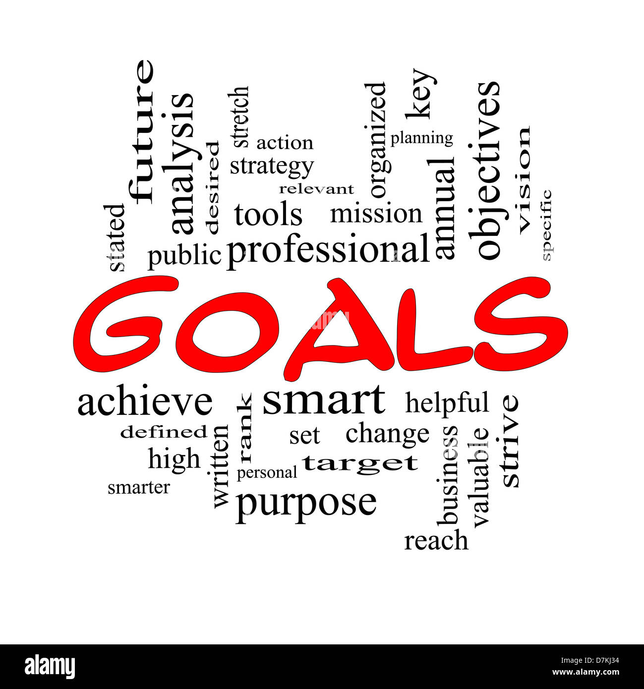 Goals Word Cloud Concept in red and black with great terms such as planning, missions, smart, set, high and more. Stock Photo