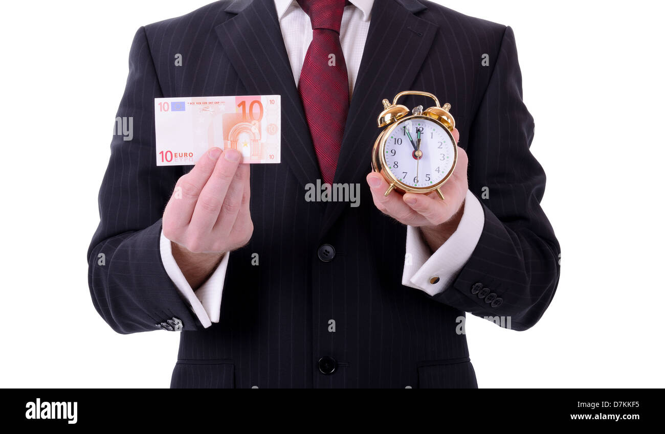 time is running out for the euro, businessman holding a 10 euro note and clock isolated on white Stock Photo