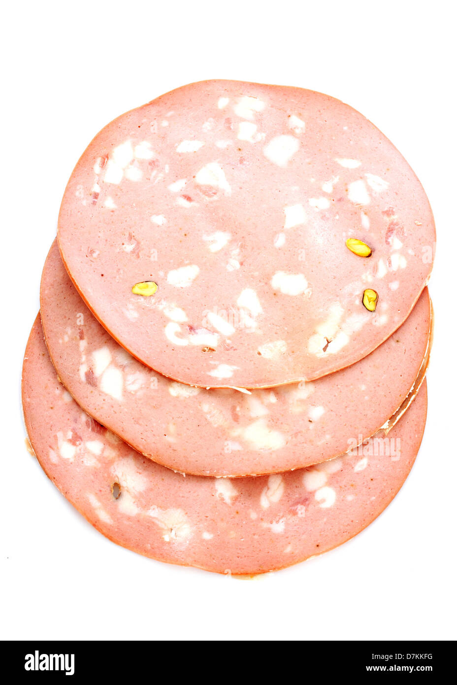 mortadella, italian sausage in front of white background Stock Photo