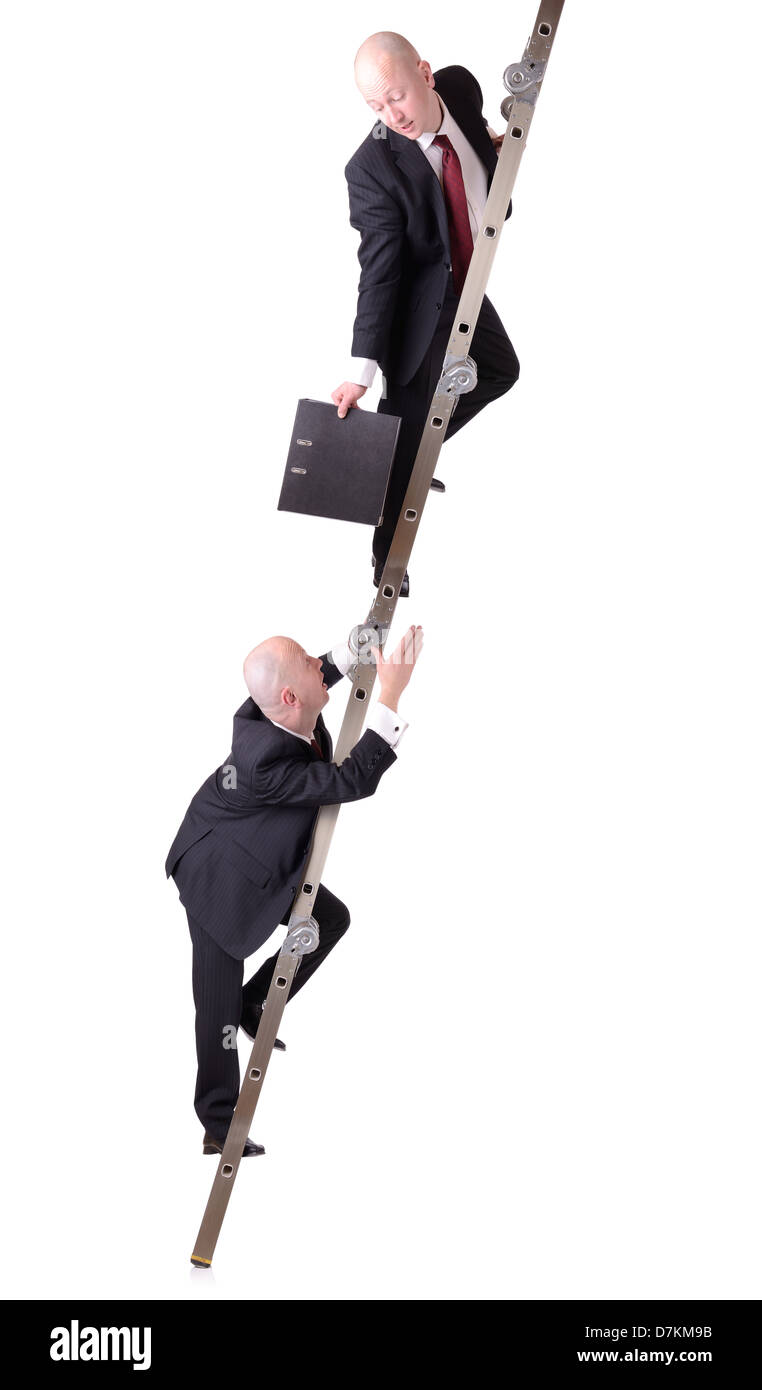 concept of cooperation or self help passing a file down the ladder isolated on white background Stock Photo