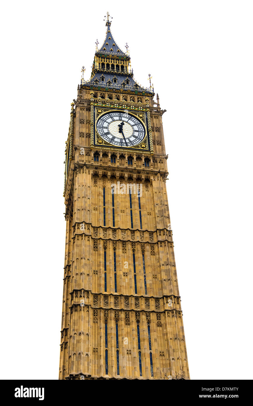 Big Ben tower isolated on white, 4 stitched pictures for large resolution Stock Photo