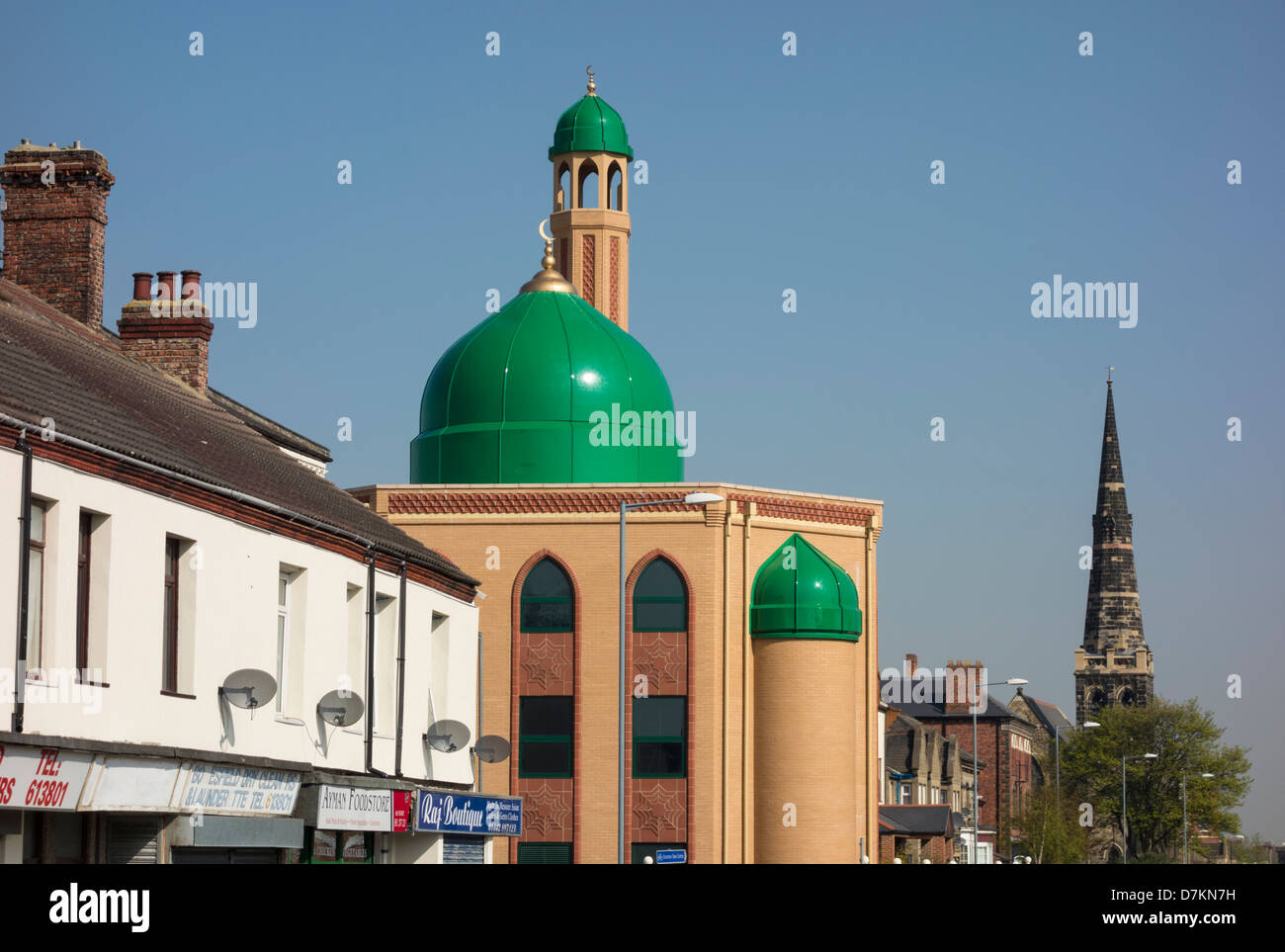 New Mosque in Stockton on Tees, Cleveland, England, UK. Church spire in