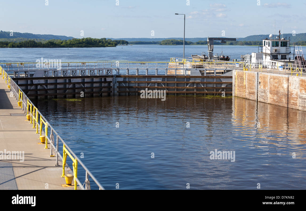 Mississippi River lock and dam number 10 in Guttenburg, Iowa regulates