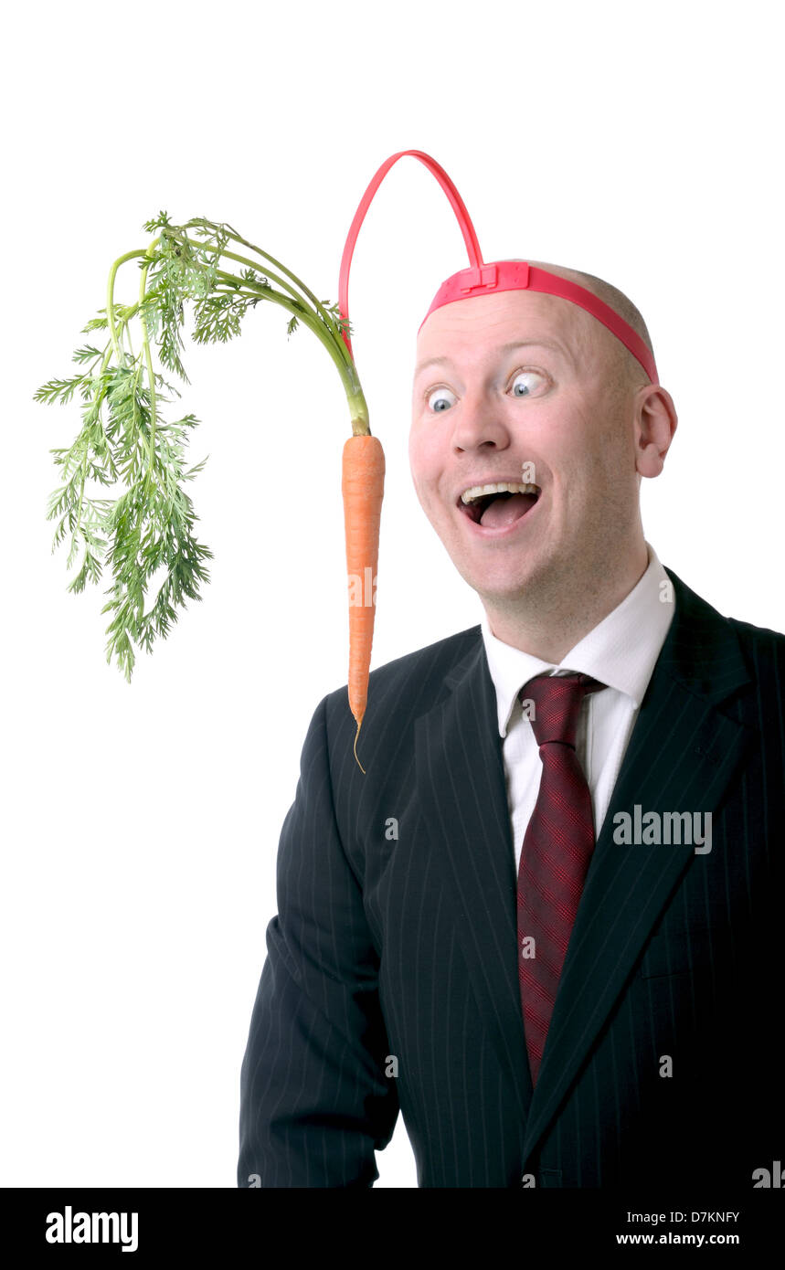 self motivation of dangling a carrot on a stick isolated on white Stock Photo