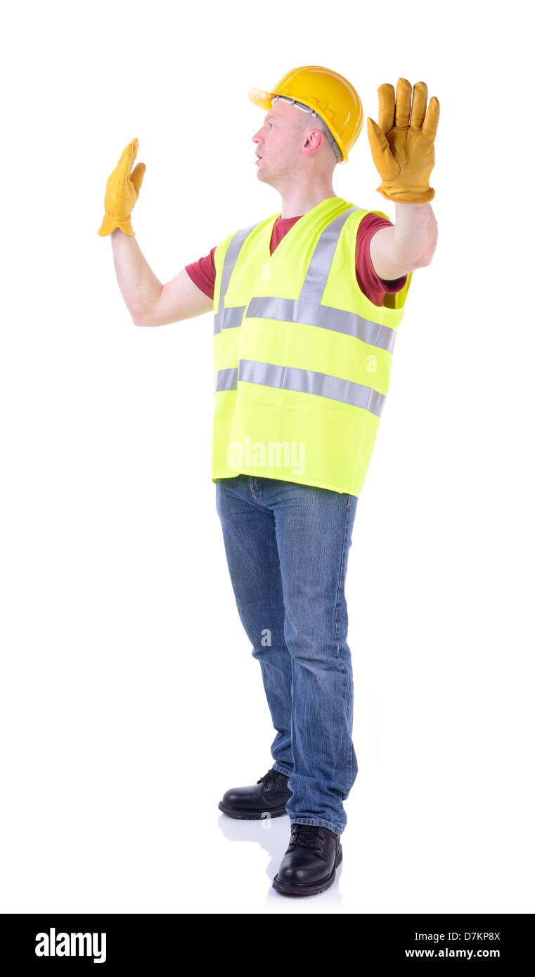 Construction worker gesturing stop for traffic to pass isolated on white Stock Photo
