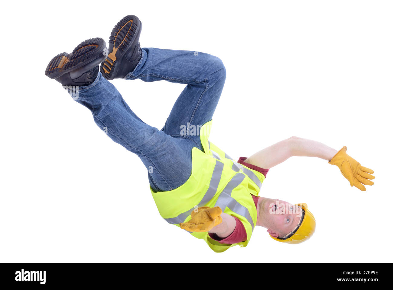 Construction worker falling isolated on white background Stock Photo