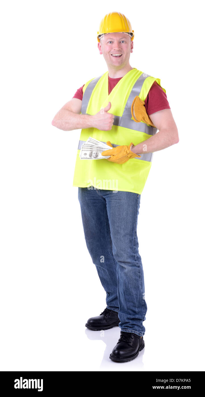 construction worker making money or being paid isolated on white Stock Photo