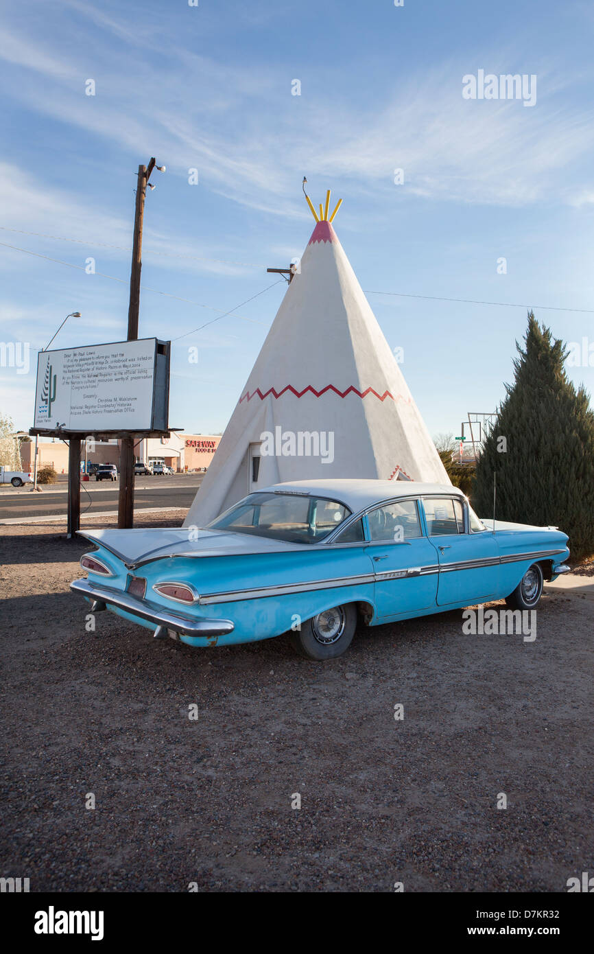 A old cars parked outside a wim wam at Wig Wam Motel in Holbrook, Route