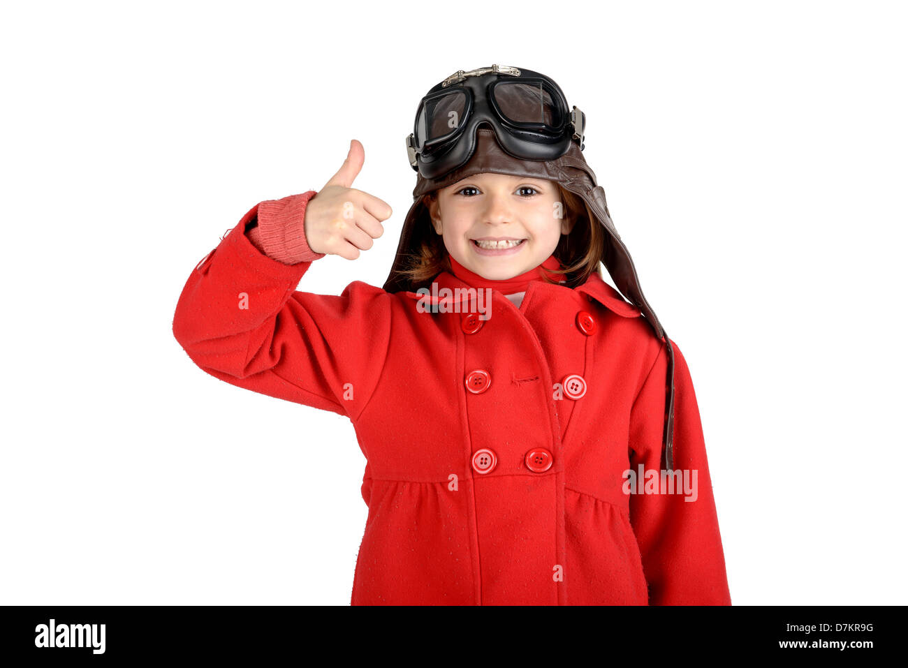 Young girl with pilot goggles and hat isolated in white Stock Photo