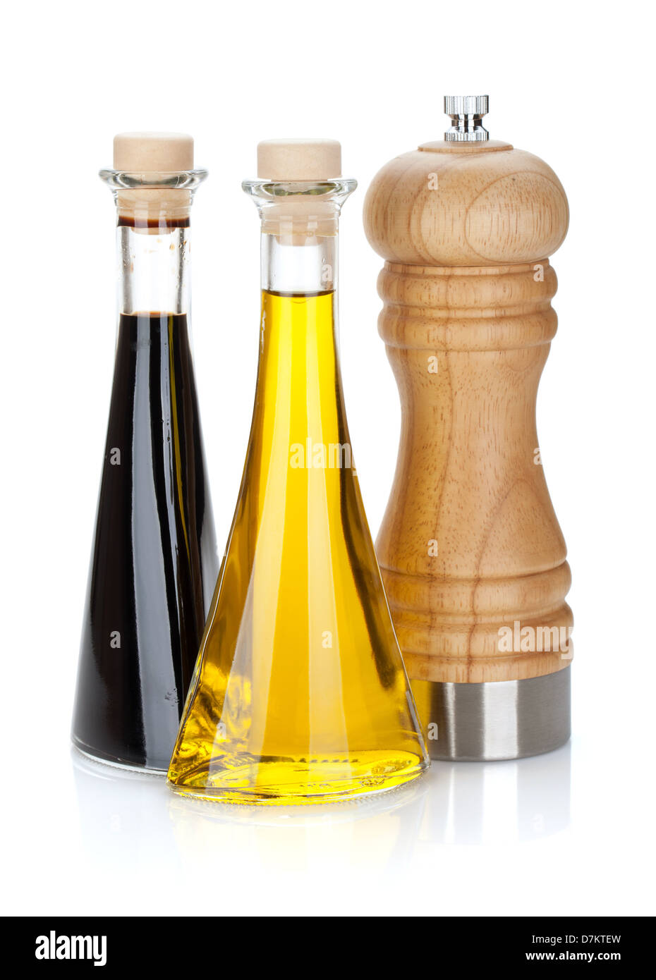 Olive oil and vinegar bottles with pepper shaker. Isolated on white