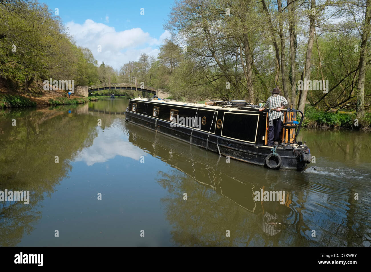 A narrow boat on the River Wey Navigation, between Guildford and Godalming, Surrey, England. Stock Photo